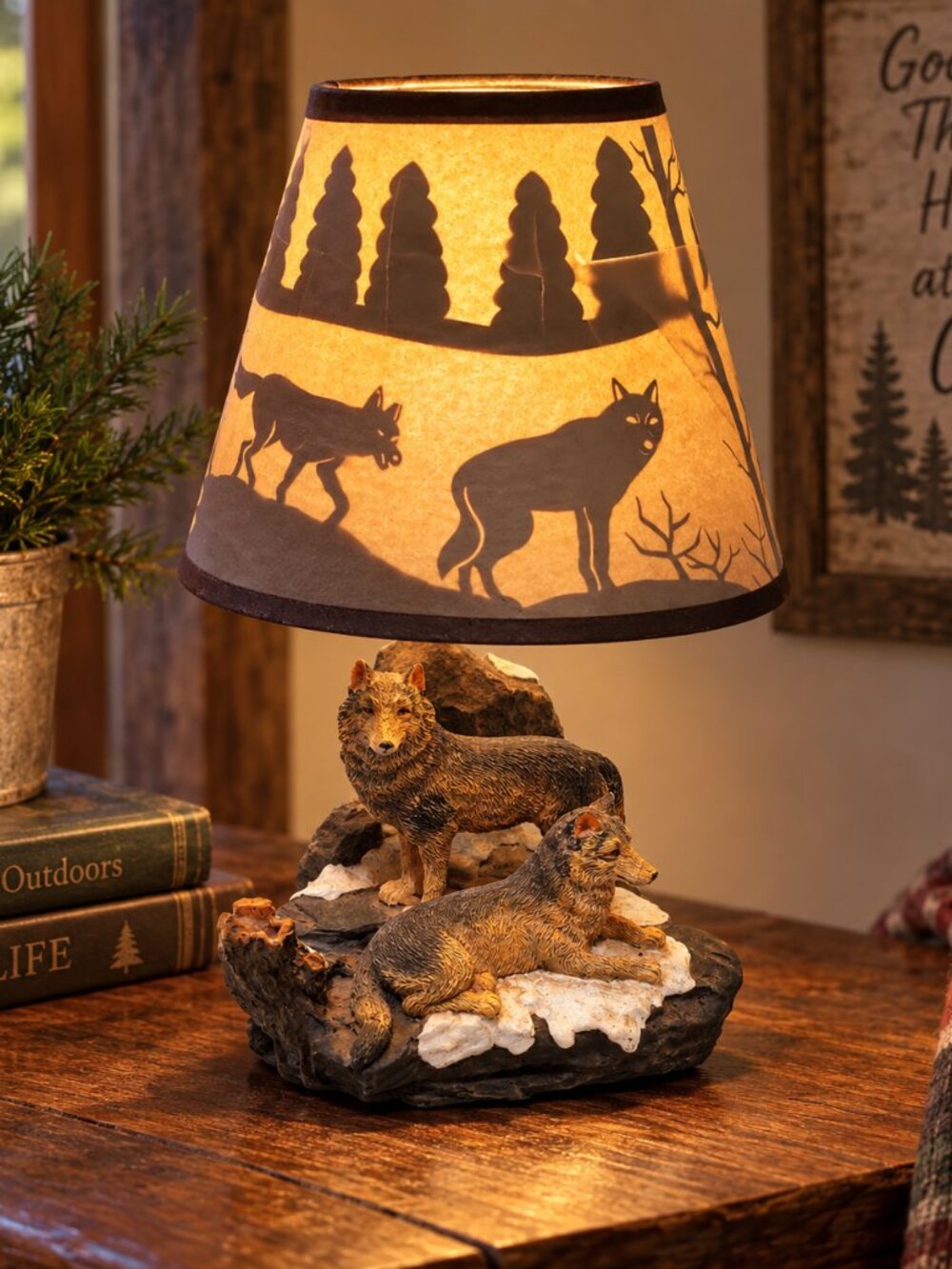 Vintage Wolf Lamp with Shadow-Casting Wildlife Lampshade Rustic Cabin Lodge Deco